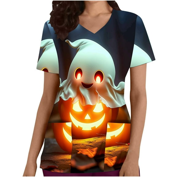 AGWOLF Print Scrub Tops for Women Funny Ghost Print Scrubs Short Sleeve V-Neck Workwear Shirts Nurse Uniform Workwear Dressy Casual Blouses with Pockets Holiday Gifts