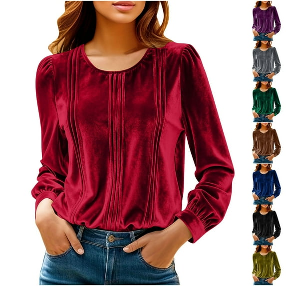 AGWOLF Puff Long Sleeve Velvet Tops for Women Dressy Round Neck Velour Shirts Trendy Solid Color Blouses for Women Fall Winter Clothes