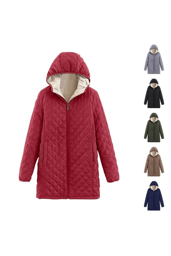 Puffer Jacket for Women with Hood Sherpa Lined Winter Coats Warm Fleece Long Sleeve Jackets with Pockets Quilted Jackets for Women