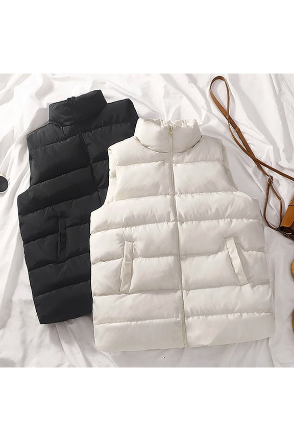 Puffer Vests for Women Stand Collar Sleeveless Outerwear Winter Warm Zip Up Jackets Puffy Fall Coats