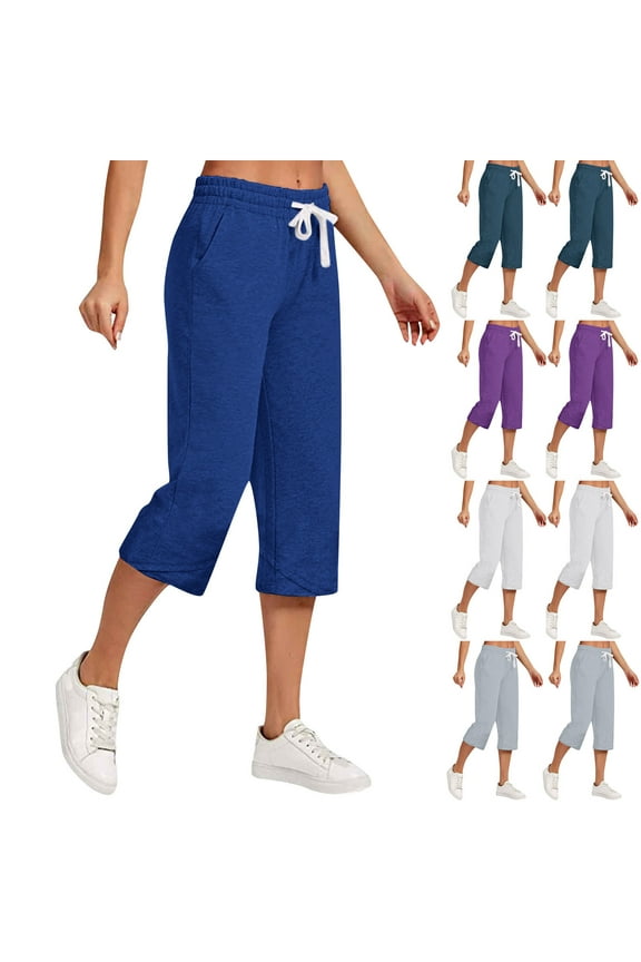 Pull on Capri Pants for Women with Pockets Elastic Waist Drawstring Yoga Capris Womens Cotton Linen Cropped Work Pants