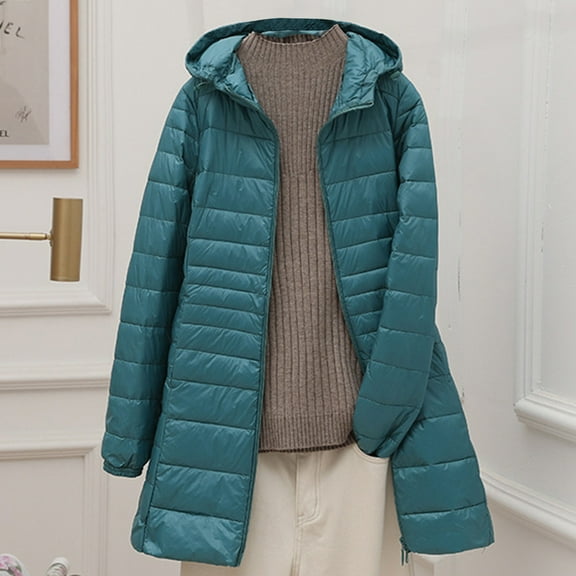 AGWOLF Quilted Jacket for Women Ultra Light Weight Zip Up Puffer Long Coat Plus Size Windproof Packable Hooded Jackets Winter Outdoor Warm Coats