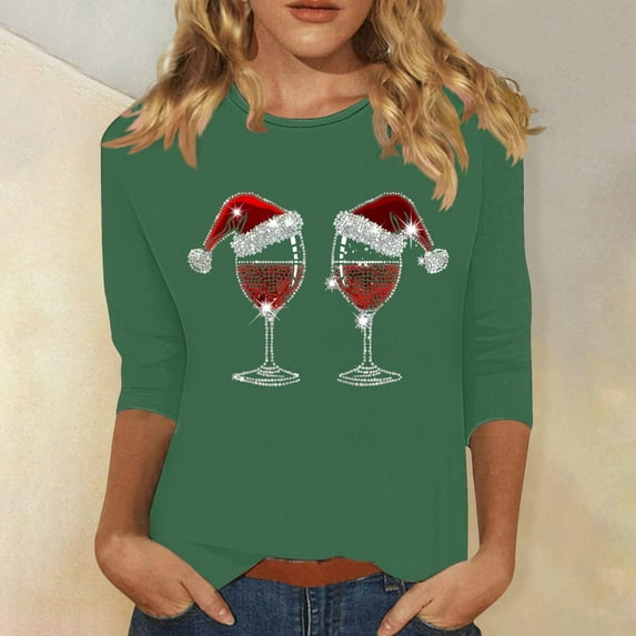 AGWOLF Red Glass Print Christmas Shirts for Women Crew Neck 3/4 Sleeve Festive Tops Funny Rhinestone Holiday Pullover