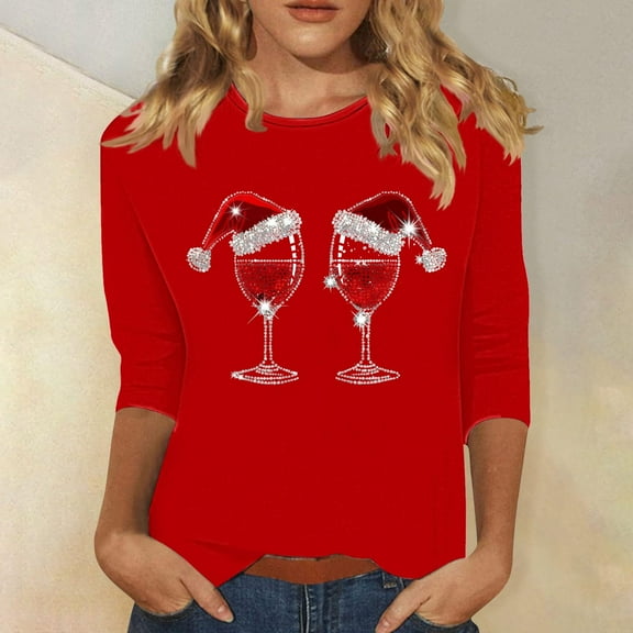 AGWOLF Red Glass Print Christmas Shirts for Women Crew Neck 3/4 Sleeve Festive Tops Funny Rhinestone Holiday Pullover