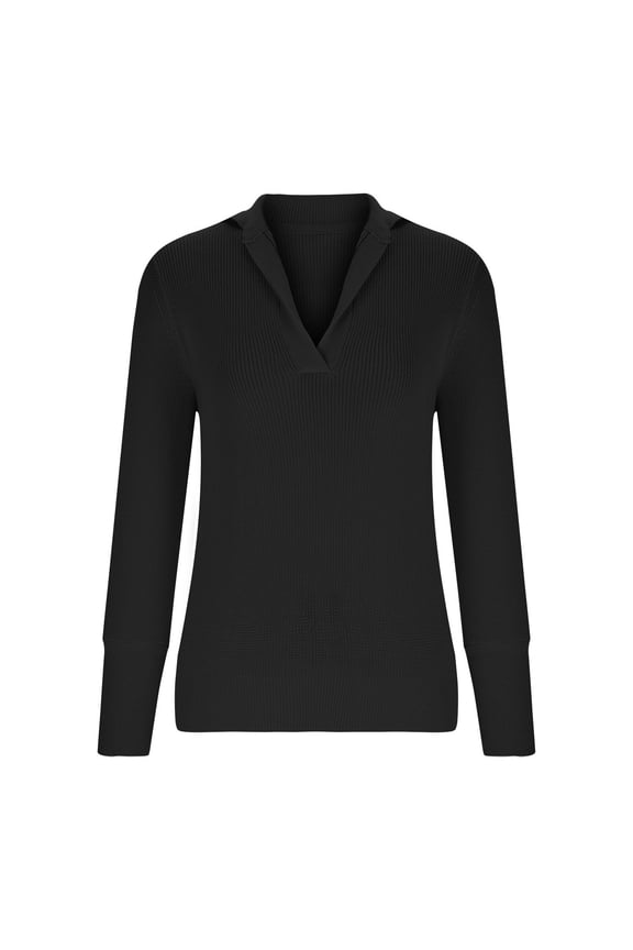 Ribbed Knit Sweater for Women Slim Lapel V Neck Jumper Tops Casual Lightweight Solid Basic Pullover