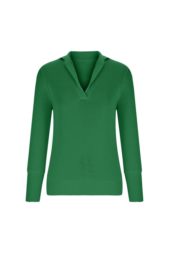 Ribbed Knit Sweater for Women Slim Lapel V Neck Jumper Tops Casual Lightweight Solid Basic Pullover