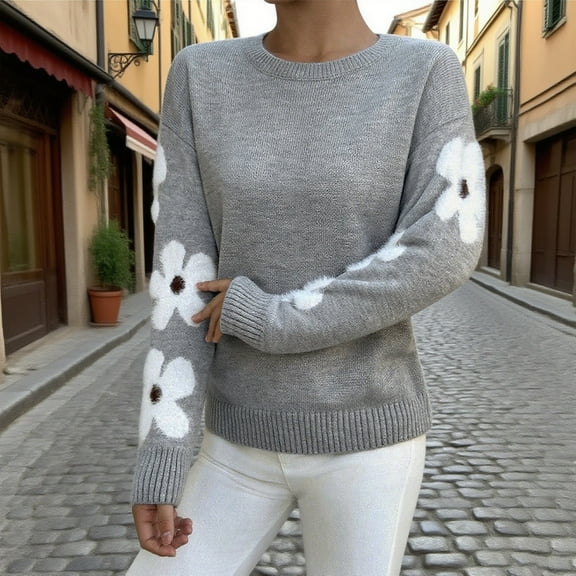 AGWOLF Ribbed Knit Sweaters for Women Cute Floral Graphic Pullover Sweater Dressy Mock Neck Long Sleeve Top