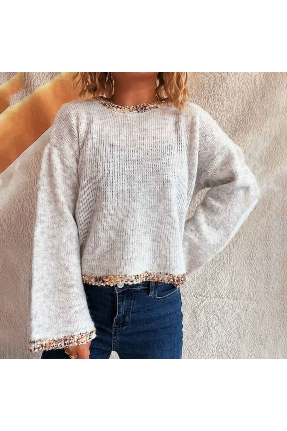 Ribbed Knit Sweaters for women Comfy Mock Neck Sequin Pullover Solid Color Long Sleeve Sweater Evening Party Shirts