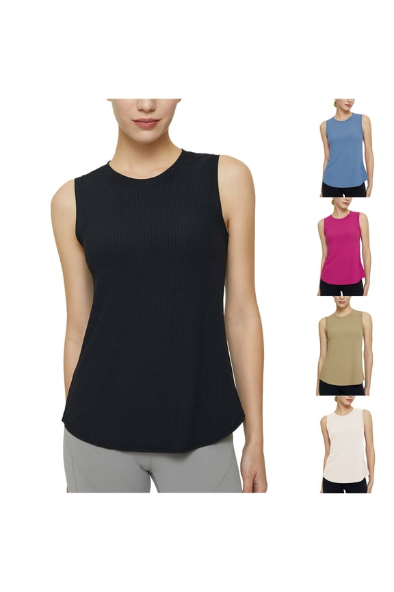 Ribbed Tank Tops for Women Slim Fit Sleeveless Basic Tees Crew Neck Curved Hem Workout Clothes Fashion Going Out Top Khaki L