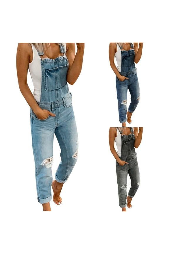 Ripped Denim Bib Overalls for Women Plus Size Adjustable Straps Jean Rompers One Piece Casual Distressed Jumpsuit Streetwear
