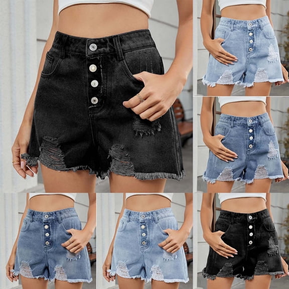 AGWOLF Ripped Jean Shorts for Women High Rise Button Denim Shorts Torn Frayed Hem Distressed Jorts with Pockets Black L