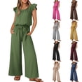 thumbnail image 1 of AGWOLF Ruffle Sleeves Jumpsuits for Women Casual Pleated Square Neck Rompers Comfy Wide Leg Overalls with Bungee Cord Drawstring Baggy One Piece with Pockets Navy L, 1 of 9