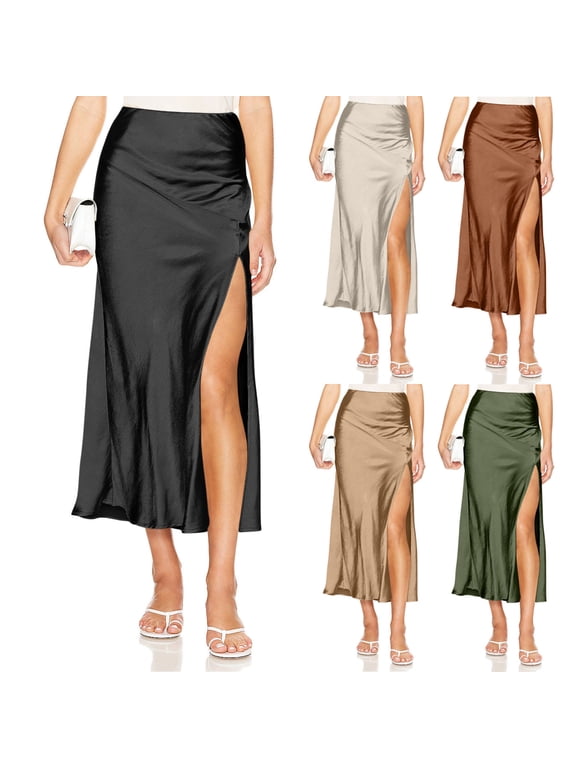 Satin Midi Skirts for Women High Waisted Side Split Skirt Tummy Control A-Line Skirt for Women Black M