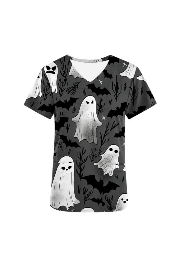 Scrub Clearance for Women 2024 Halloween Scrub Tops V Neck Short Sleeve Nurse Shirts Funny Bat Ghost Print Costume Holiday Tee Tops with Pockets