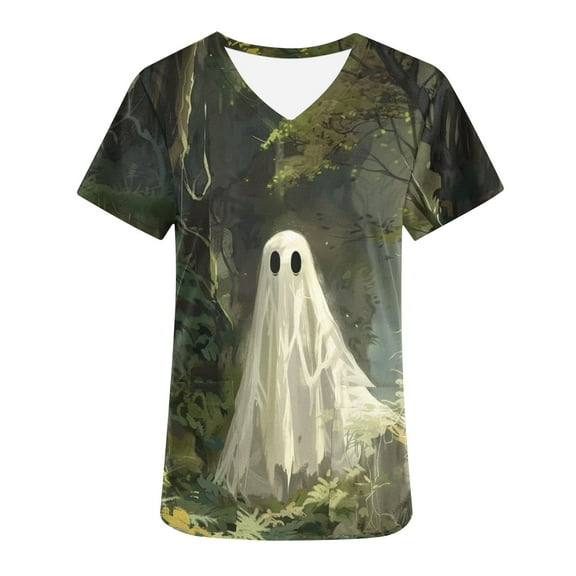 AGWOLF Scrub Clearance for Women Halloween Print Scrub Tops V Neck Short Sleeve Nurse Shirt Soft Lightweight Blouses with Pockets Holiday Gifts