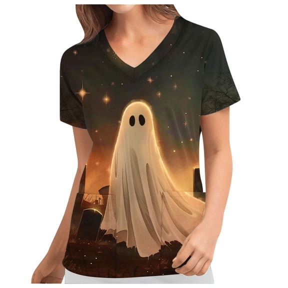 AGWOLF Scrub Tops Clearance for Women Funny Ghost Print Scrubs V Neck Short Sleeve Nurse Shirt Nursing Work Uniform Comfy Soft Tunic Tops with Pockets Nurse Gifts
