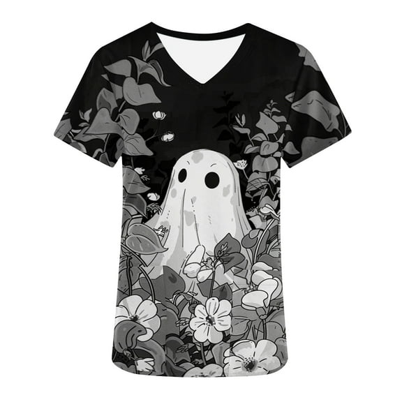 AGWOLF Scrub Tops Womens Short Sleeve V Neck Nurse Shirt Funny Ghodt Print Scrubs Nurse Uniform Workwear Comfy Soft Tunic Tops with Pockets Nurse Gifts