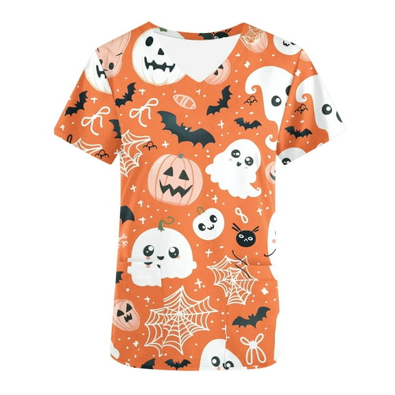 AGWOLF Scrubs for Women Halloween Tops Pumpkin Tops Blouse Ghost Print Uniforms & Scrubs for Women Nurse Stretchy Workwear Holiday Tees Scrubs Tops with Pockets