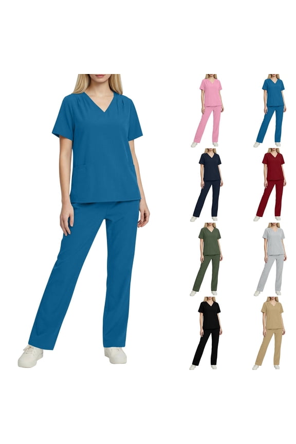 Scrubs for Women Straight Leg Pants & V Neck Tops Nurse Working Uniform Healthcare Scrub Sets Black S