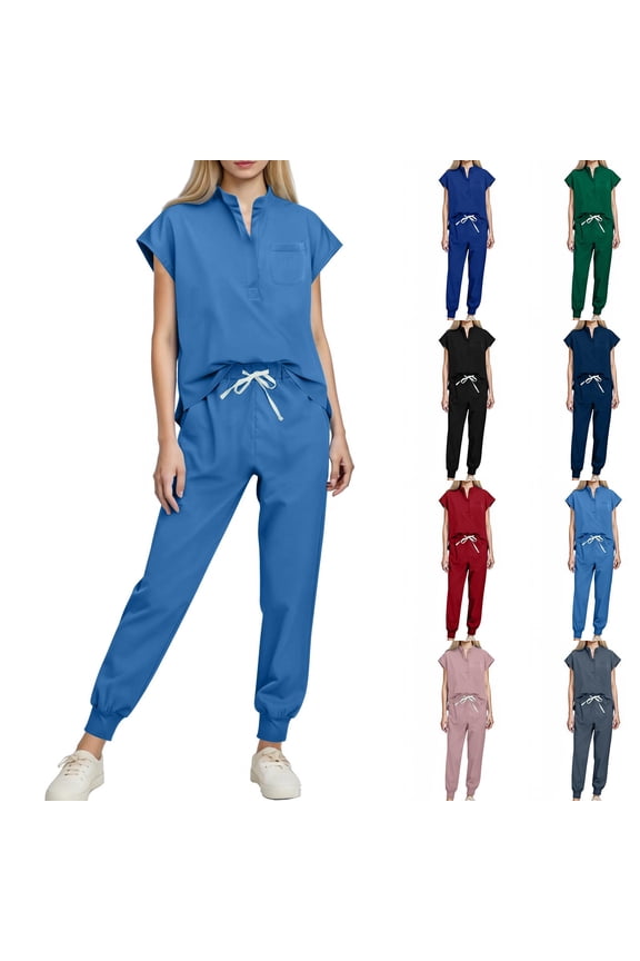 Scrubs for Women V Neck Short Sleeve Tops & Straight Leg Joggers with Drawstring Medical Uniform Nurse Workwear Navy XXL