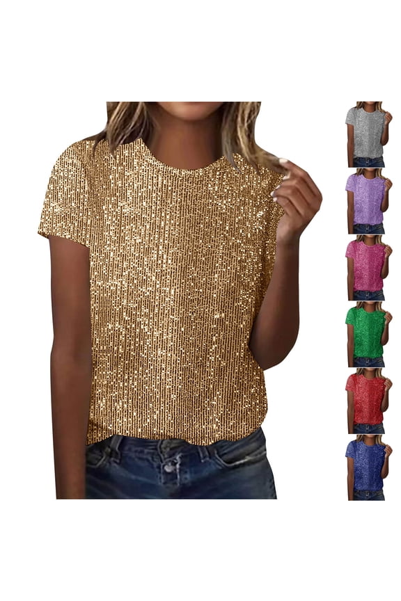 Sequin Holiday Tops for Women Sparkly Short Sleeve Shirts Fashion Crewneck Glitter Tshirts Sequin Tops for Women Night Out