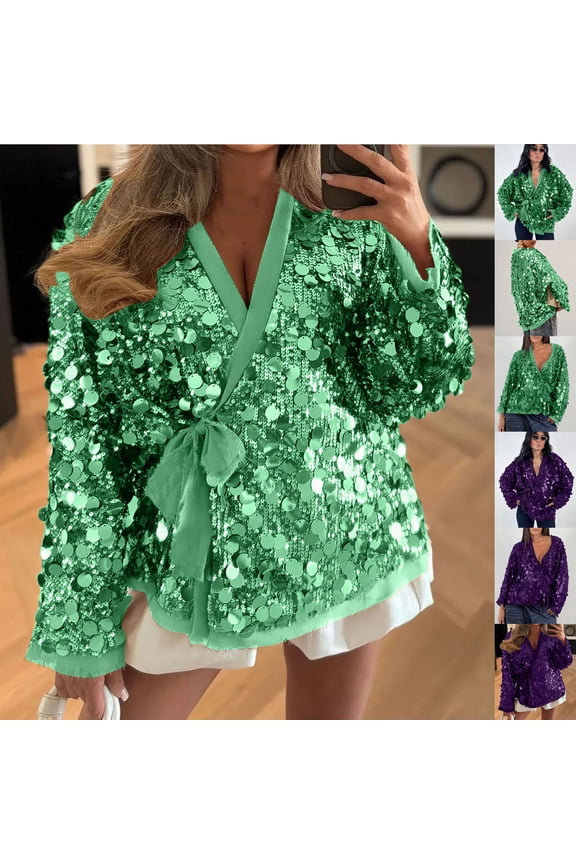 Sequin Tops for Women V Neck Sparkly Glitter Blouses Trendy Long Sleeve Tshirs Holiday Evening Party Shiny Dressy Shirts