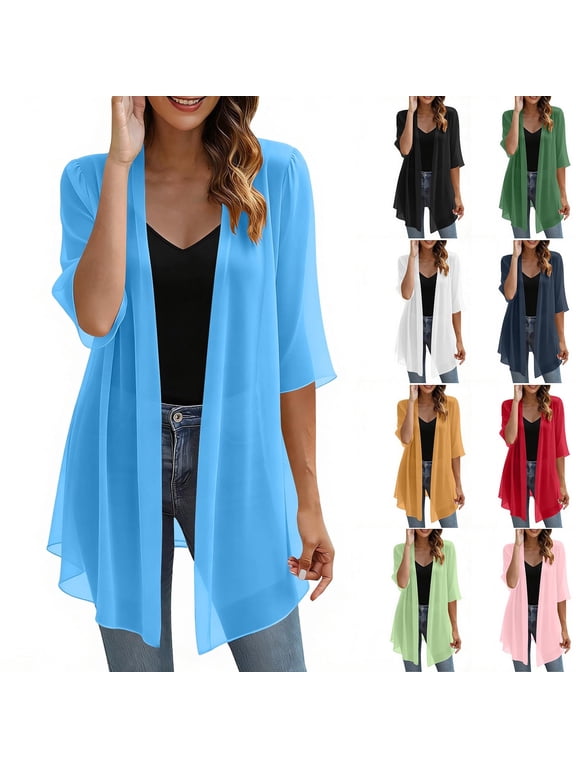 Sheer Chiffon Cardigans for Women Half Sleeve Lightweight See Through Dusters Casual Loose Kimono Cardigan Capes Black XXL