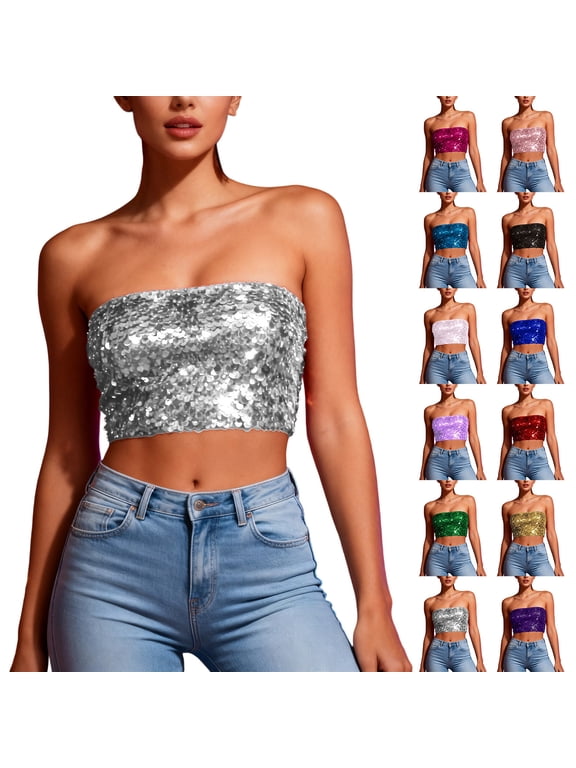 Sparkly Sequin Mermaid Crop Tops Strapless Metallic Tube Top Party Night Out Concert Club Shirts