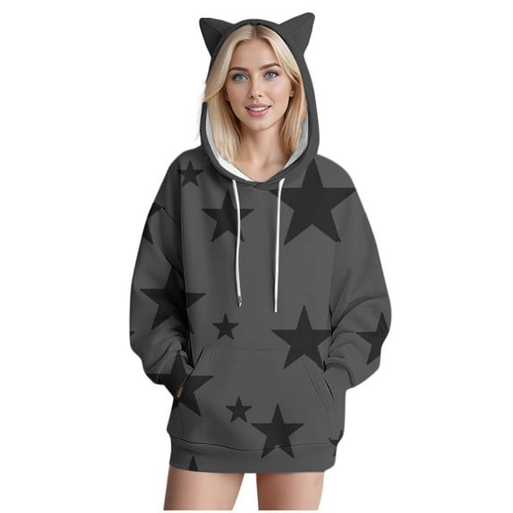 AGWOLF Star Graphic Sweatshirts for Women Oversized Cute Cat Ears Fashion Long Sleeve Pullover Hoodies