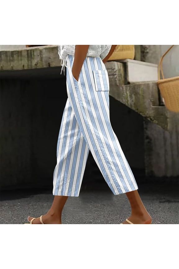 Stripe Color Block Capri Pants for Women Casual Straight Leg Capri Pants Drawstring Elastic Waist Cropped Trousers with Pockets