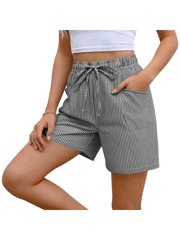 Striped Shorts for Women 7 Inch Inseam Pull On Elastic Waist Summer Shorts Casual Summer High Waisted Shorts Beach Vacation Clothes Black XXL