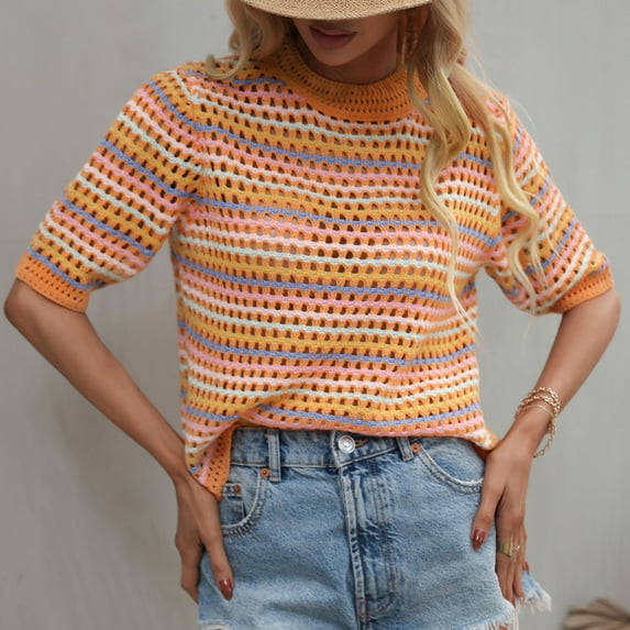 AGWOLF Striped Sweater for Women Cute Crochet Knit Hollow Out Pullover Cozy Crewneck Muticolor Long Sleeve Jumper Tops