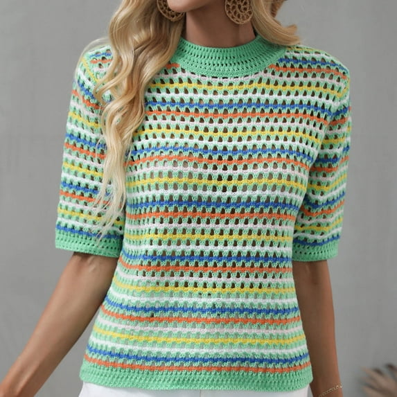 AGWOLF Striped Sweater for Women Cute Crochet Knit Hollow Out Pullover Cozy Crewneck Muticolor Long Sleeve Jumper Tops