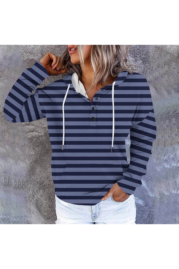 Striped Sweatshirts for Women Vintage Aesthetic Button Down Hooded Pullover Y2K Long Sleeve Hoodies Fall Winter Tops