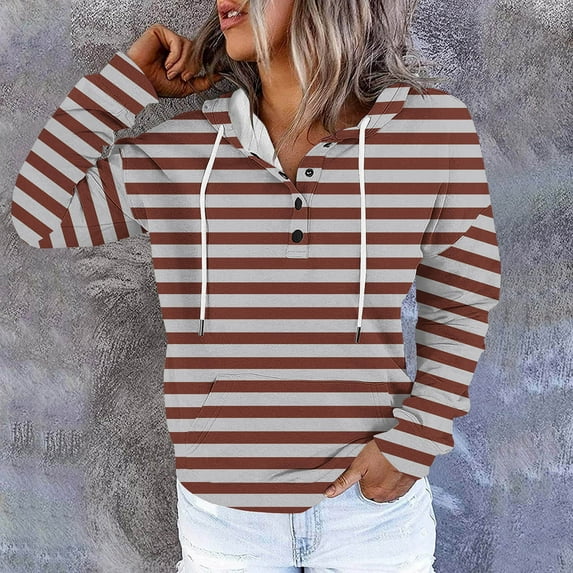 AGWOLF Striped Sweatshirts for Women Vintage Aesthetic Button Down Hooded Pullover Y2K Long Sleeve Hoodies Fall Winter Tops