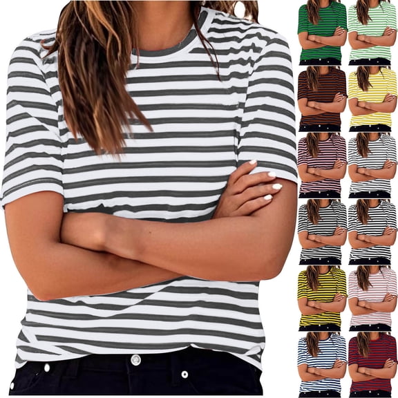 AGWOLF Striped T Shirts for Women Crewneck Short Sleeve Basic Tees Cute Summer Tops Trendy Everyday Wear Beige XL