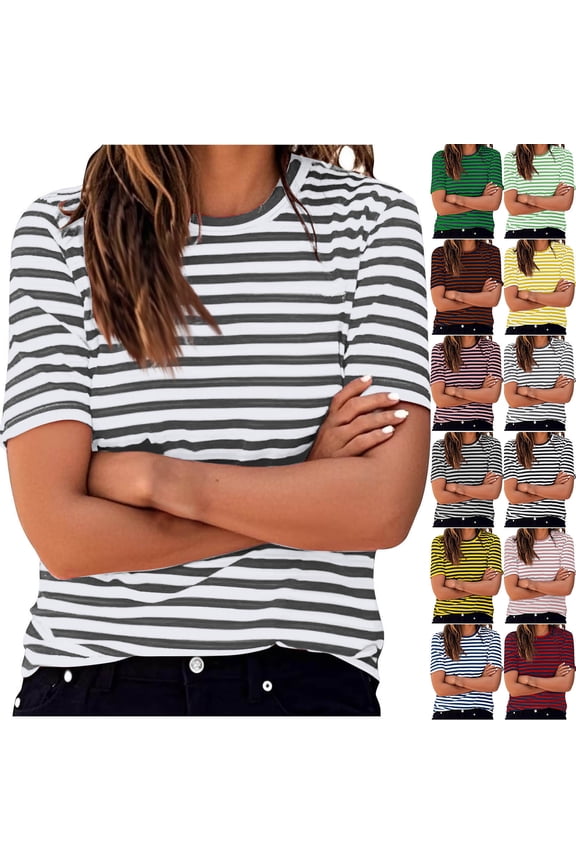 Striped T Shirts for Women Crewneck Short Sleeve Basic Tees Cute Summer Tops Trendy Everyday Wear Hot Pink L