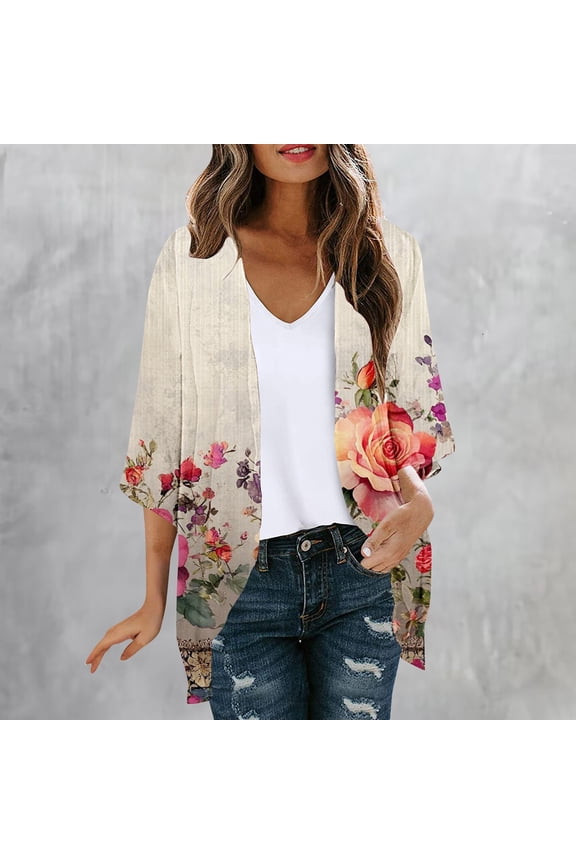 Summer Lightweight Cardigan for Women 3/4 Sleeve Shrug Kimono Beach Cover Ups Boho Floral Loose Chiffon Swimsuit Coverup Multicolor,S