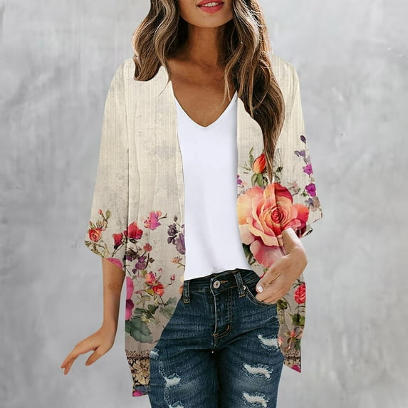 AGWOLF Summer Lightweight Cardigan for Women 3/4 Sleeve Shrug Kimono Beach Cover Ups Boho Floral Loose Chiffon Swimsuit Coverup Multicolor,XL
