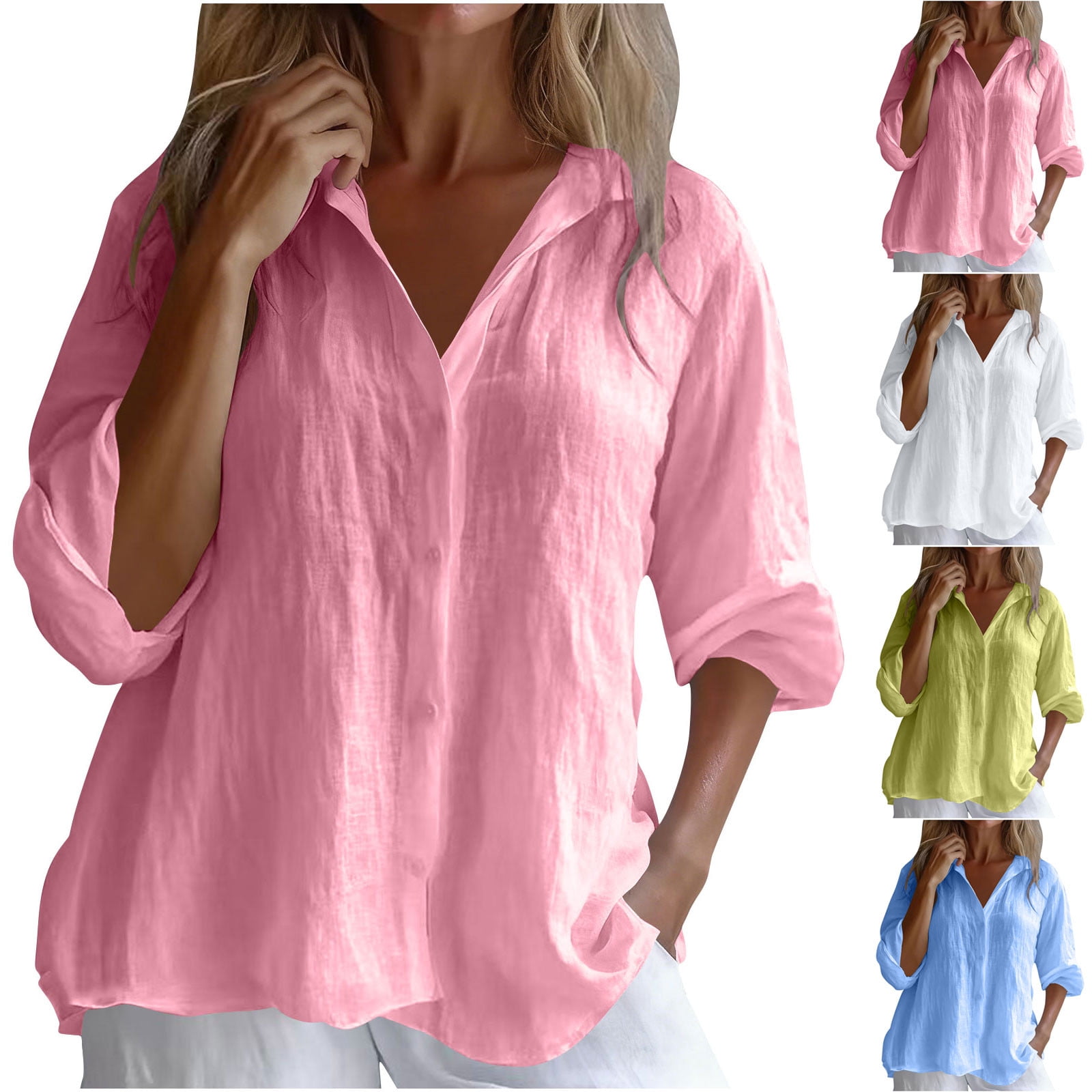 AGWOLF Summer Linen Shirts for Women Button Down Collared Blouses V ...