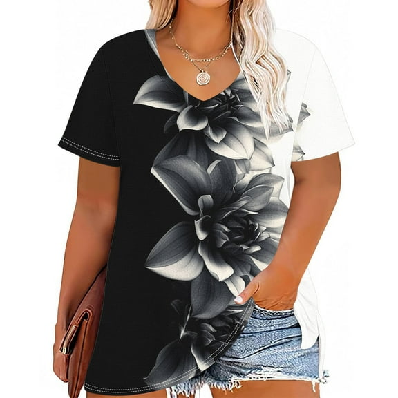AGWOLF Summer Plus Size Tops for Women Short Sleeve V Neck Blouses Trendy Floral Print Shirts 2025 Business Casual Blouse Curvy Women Tunics
