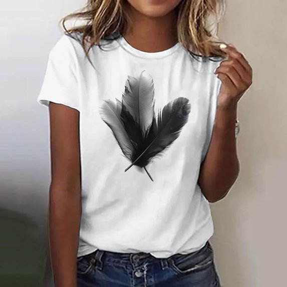 AGWOLF Summer T Shirts for Women Cute Feather Graphic Tees Loose Fit Short Sleeve Shirt Vintage Printed Shirt Daily Travel Tops