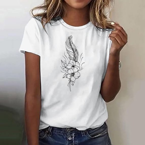 AGWOLF Summer T Shirts for Women Cute Feather Graphic Tees Loose Fit Short Sleeve Shirt Vintage Printed Shirt Daily Travel Tops