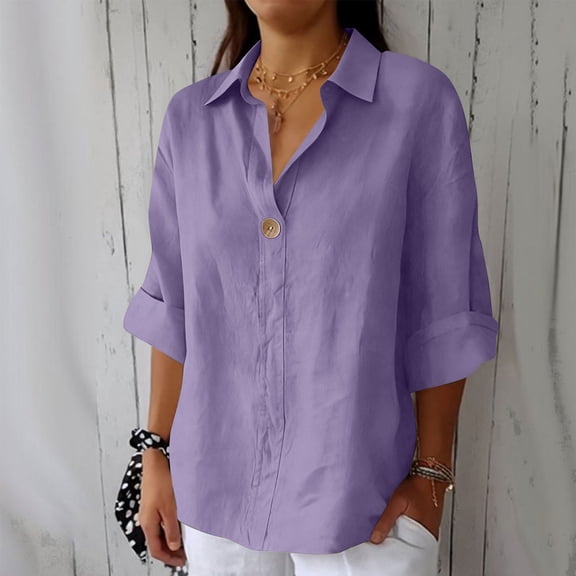 AGWOLF Summer Tops for Women 3/4 Sleeve Linen Shirts Loose Fit V Neck T Shirt Dressy Casual Button Collar Blouses Spring Travel Outfits