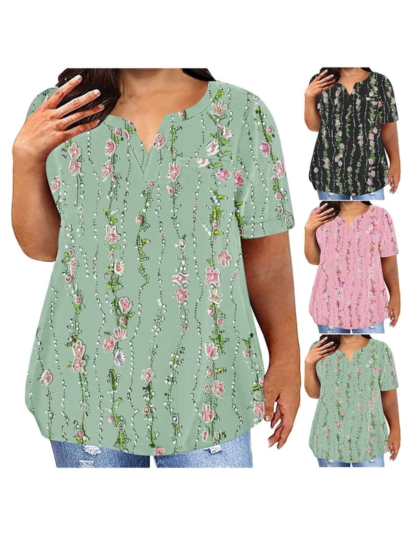 Summer Tops for Women Plus Size Loose Floral Print Boho Blouses Split Neck Curved Hem T Shirt Ladies Tunic Top Black XXXL