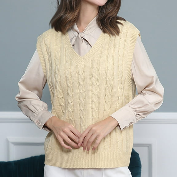 AGWOLF Sweater Vest for Women Cozy V Neck Cable Knit Pullover Solid Basic Sleeveless Preppy Tops