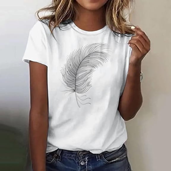 AGWOLF T Shirts for Women Summer Casual Short Sleeve Shirt Funny Feather Graphic Tees Loose Fit Crewneck Blouses Womens Print Tops