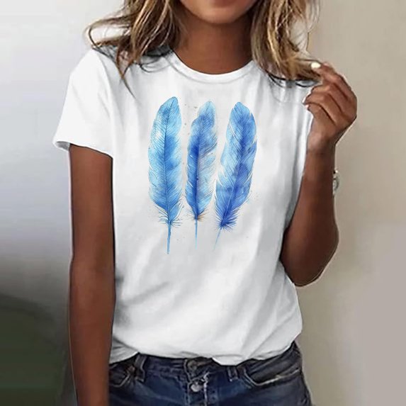 AGWOLF T Shirts for Women Summer Casual Short Sleeve Shirt Funny Feather Graphic Tees Loose Fit Crewneck Blouses Womens Print Tops