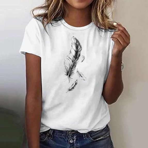 AGWOLF T Shirts for Women Summer Casual Short Sleeve Shirt Funny Feather Graphic Tees Loose Fit Crewneck Blouses Womens Print Tops