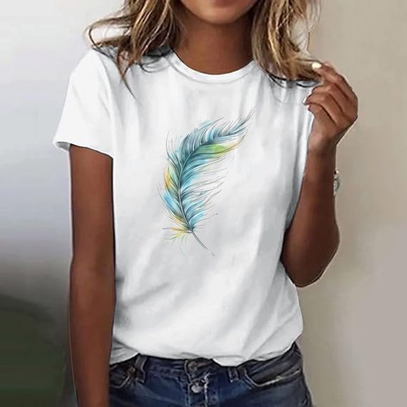 AGWOLF T Shirts for Women Summer Casual Short Sleeve Shirt Funny Feather Graphic Tees Loose Fit Crewneck Blouses Womens Print Tops